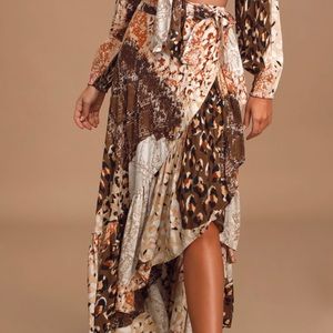 Congo Brown Multi Print Ruffled Wrap Midi Skirt